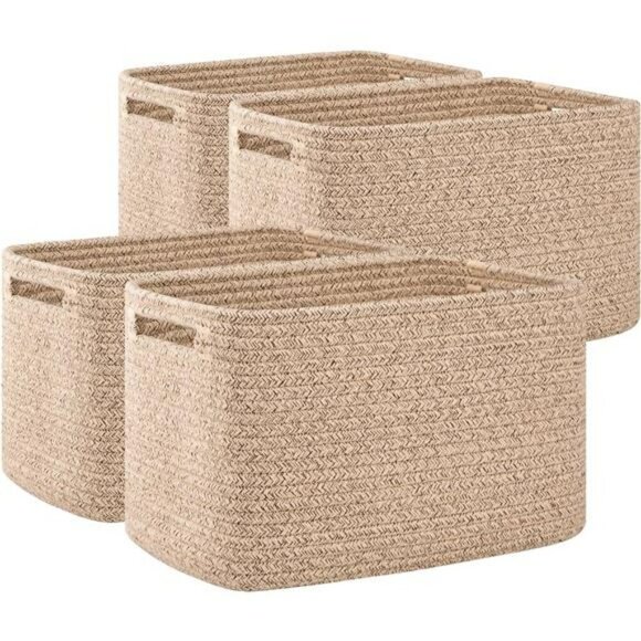 Woven Cotton Storage Baskets Set Cube Shelf Organizer Bins with Handles - Picture 1 of 8